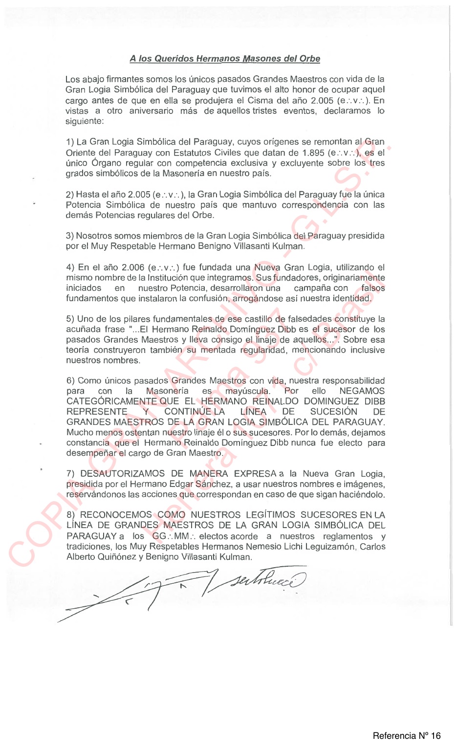 Manifiesto de los Pasados Grandes Maestros — hoja 1